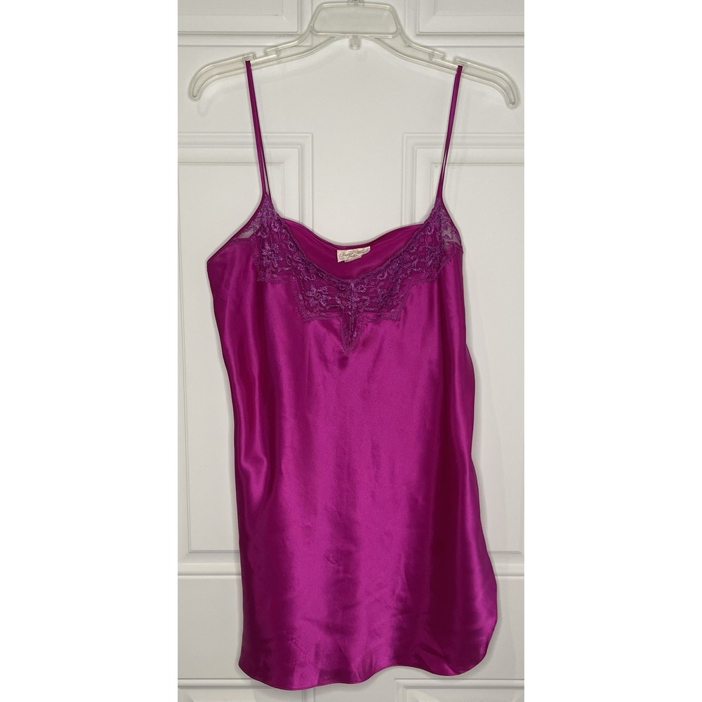 Vintage 1980's Inner Most Large Pink Fuchsia Satin Slip Dress Floral Lace Trim